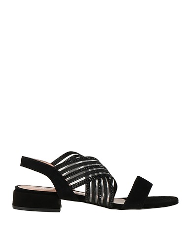 POLLINI Sandals Black Leather, Textile fibres