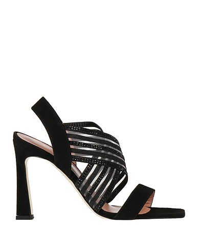 POLLINI Sandals Black Leather, Textile fibers