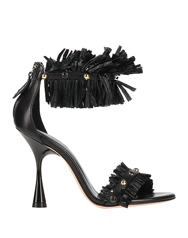 NCUB Sandals Black Leather, Natural raffia