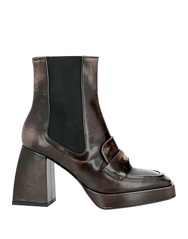 POLLINI Ankle boot Dark brown Leather, Elastic fibres