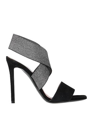 POLLINI Sandals Black Leather, Textile fibres