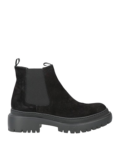 POLLINI Ankle boot Black Leather, Textile fibers