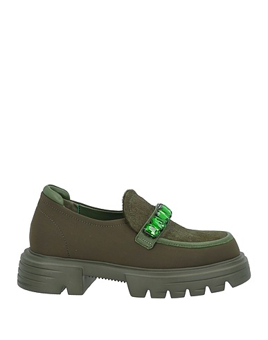JEANNOT Loafers Military green Leather, Textile fibers