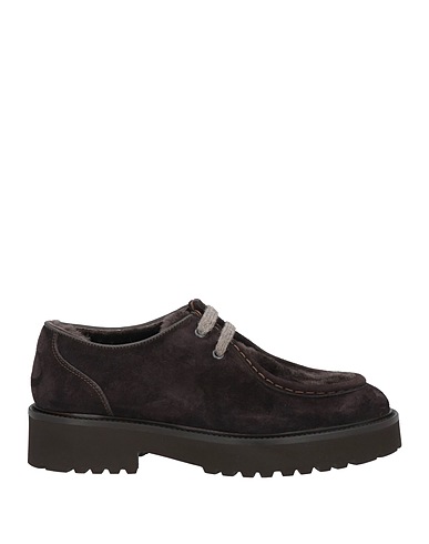 DOUCAL'S Laced shoes Dark brown Leather, Shearling