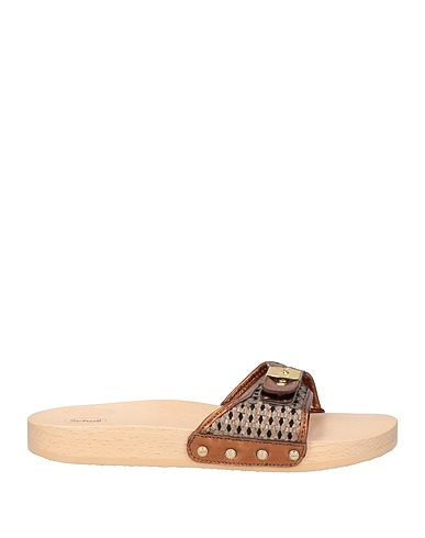 SCHOLL Mules and clogs Brown Leather, Textile fibers