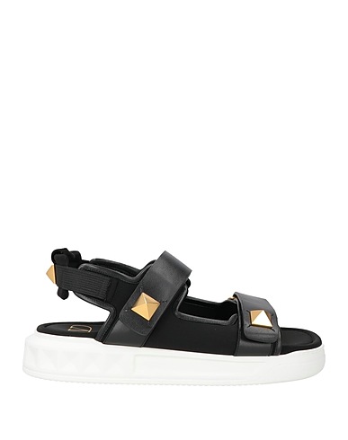 VALENTINO GARAVANI Sandals Black Leather, Textile fibers