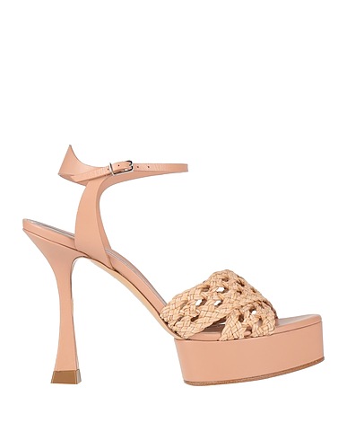 CASADEI Sandals Beige Leather, Textile fibers
