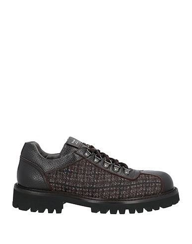POLLINI Laced shoes Dark brown Leather, Textile fibres