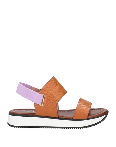 POLLINI Sandals Brown Leather, Textile fibers