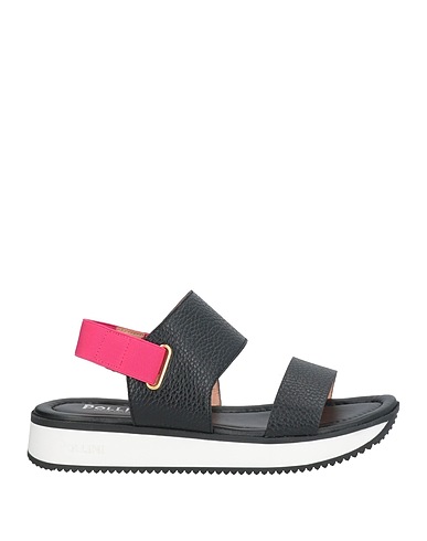 POLLINI Sandals Black Leather, Textile fibers