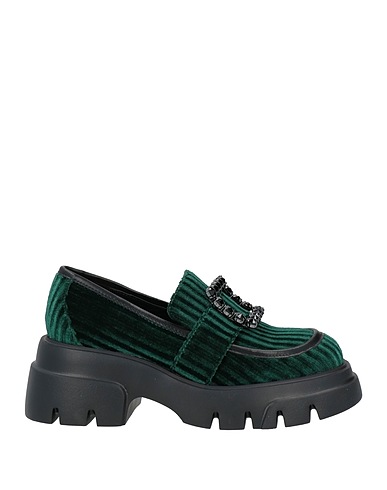 LUCIANO BARACHINI Loafers Emerald green Textile fibers, Leather