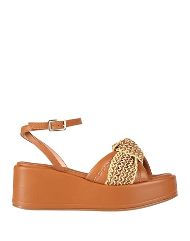 LORENZO MARI Sandals Tan Leather, Natural raffia