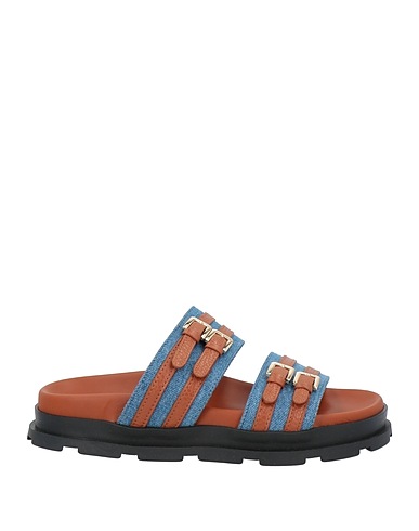 POLLINI Sandals Brown Calfskin, Textile fibers