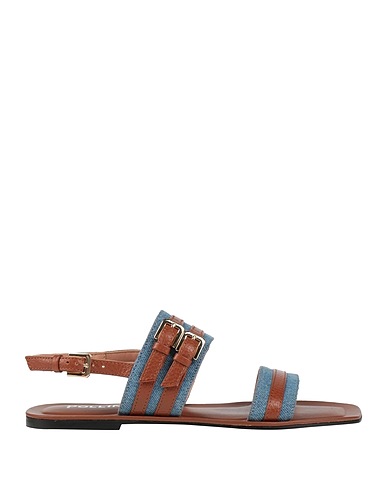 POLLINI Sandals Brown Leather, Textile fibers