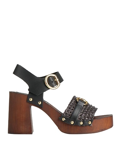 PREGUNTA Mules and clogs Black Leather, Textile fibers