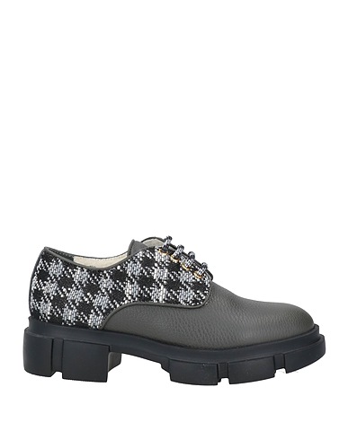POLLINI Laced shoes Charcoal Leather, Textile fibers
