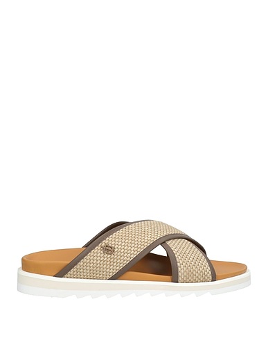 BALDININI Sandals Dark brown Leather, Natural raffia