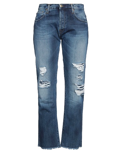 TRUE NYC® Denim trousers Blue 100% Cotton, Cow leather