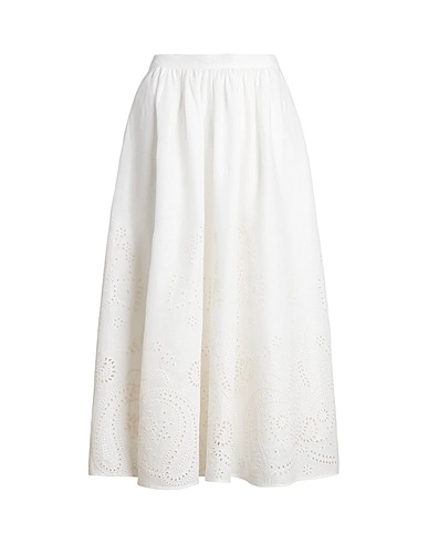 POLO RALPH LAUREN Long skirt EYELET LINEN MIDI SKIRT
 White 100% Linen