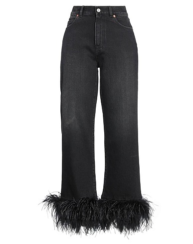 VALENTINO GARAVANI Pantaloni jeans Nero 100% Cotone, Pelle di vitello, Piume di struzzo, Piume di tacchino
