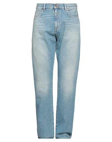 VERSACE Denim trousers Blue 100% Cotton, Calfskin