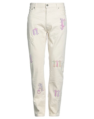 PALM ANGELS Denim trousers Ivory 100% Cotton, Soft Leather, Polyamide