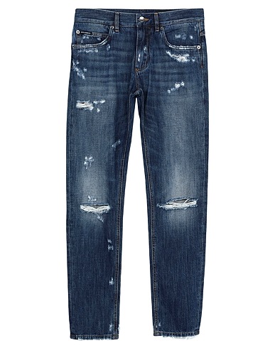 DOLCE&GABBANA Denim pants Blue 100% Cotton, Bovine leather