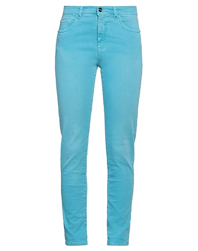 ANGELO MARANI Denim trousers Turquoise 97% Cotton, 3% Elastane