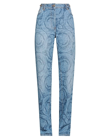 VERSACE Denim trousers Blue 100% Cotton, Calfskin
