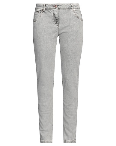 BRUNELLO CUCINELLI Denim trousers Light grey 97% Cotton, 3% Elastane, Leather, Ecobrass