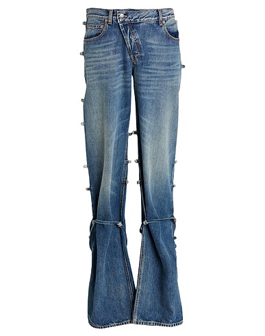 MCQUEEN Denim trousers Blue 100% Cotton, Calfskin