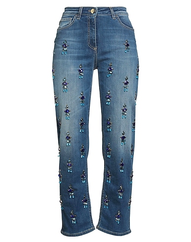 ELISABETTA FRANCHI Straight leg BLU 86% Cotton, 12% Polyester, 2% Elastane, Cow leather, Resin