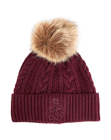 LAUREN RALPH LAUREN Hat Leather-Trim Pom-Pom Rib-Knit Beanie
 Burgundy 50% Recycled polyester, 35% Nylon, 15% Wool