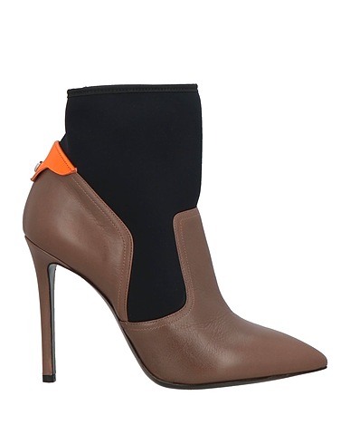 POLLINI Ankle boot Brown Leather, Textile fibres