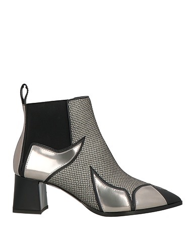 POLLINI Ankle boot Black Leather, Textile fibers