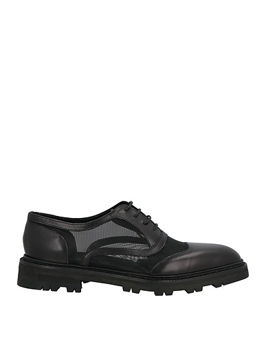 MANOLO BLAHNIK Laced shoes Black Leather, Textile fibres