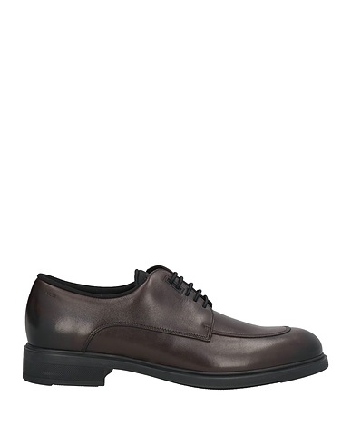 BOSS Laced shoes Dark brown Leather, Textile fibers