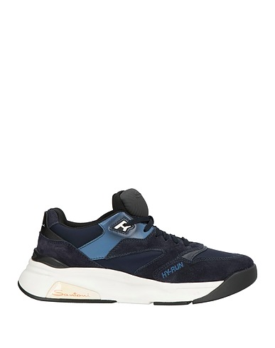 SANTONI Sneakers Navy Leather, Textile fibers