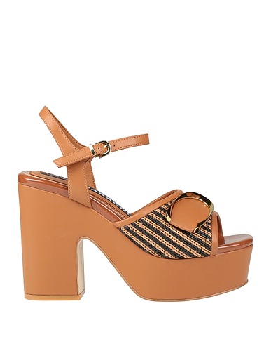 LUCIANO BARACHINI Sandals Brown Leather, Textile fibres