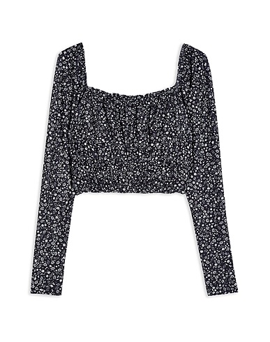 TOPSHOP Top FLORAL LONG SLEEVE POINTELLE PRAIRIE TOP
 Black 90% Polyester, 10% Elastane
