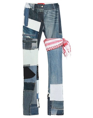 RONALD VAN DER KEMP Denim trousers Blue 100% Cotton, Leather
