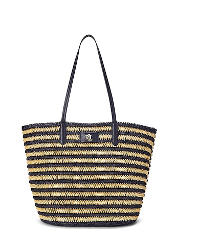 LAUREN RALPH LAUREN Borsa a mano STRIPED STRAW LARGE BRIE TOTE BAG
 Blu notte 100% Paglia, Pelle di bovino