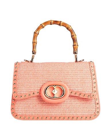 LA CARRIE Handbag Salmon pink Leather, Natural raffia