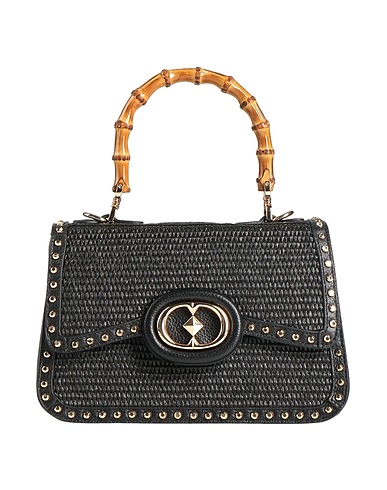 LA CARRIE Handbag Black Leather, Natural raffia