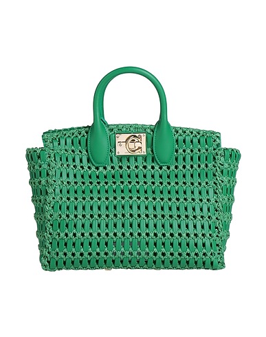 FERRAGAMO Handbag Green Calfskin, Natural raffia