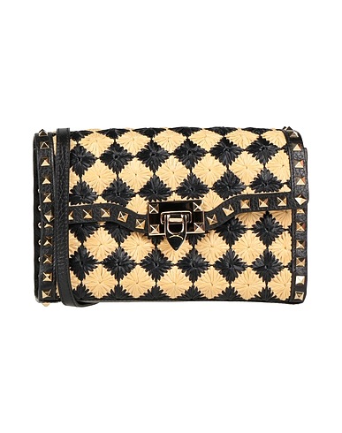 VALENTINO GARAVANI Across-body bag Black Leather, Natural raffia