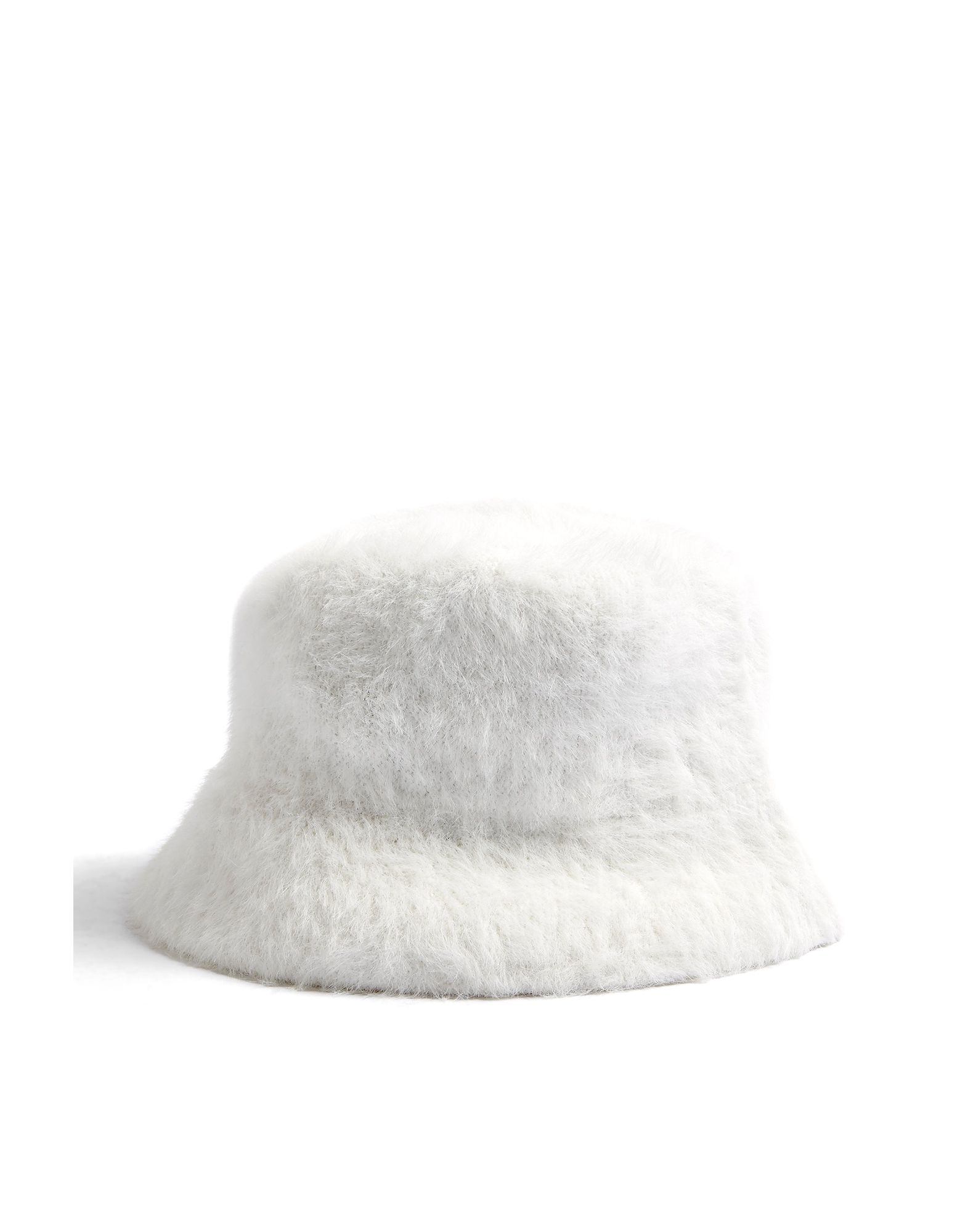 white fluffy bucket hat