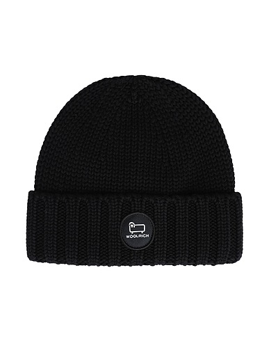 WOOLRICH Hat MERINO WOOL LOGO BEANIE Black 100% Virgin Wool