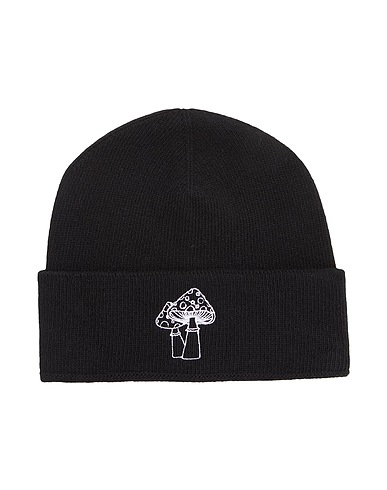 8 by YOOX Hat MUSHROOMS EMBROIDERED RECYCLED WOOL BEANIE Black 100% Recycled wool
