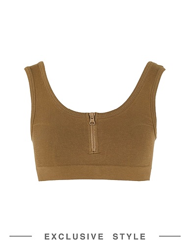 LES GIRLS LES BOYS x YOOX Bra SEAMFREE RIB ZIP FRONT CROP TOP Military green 84% Cotton, 12% Polyamide, 4% Elastane